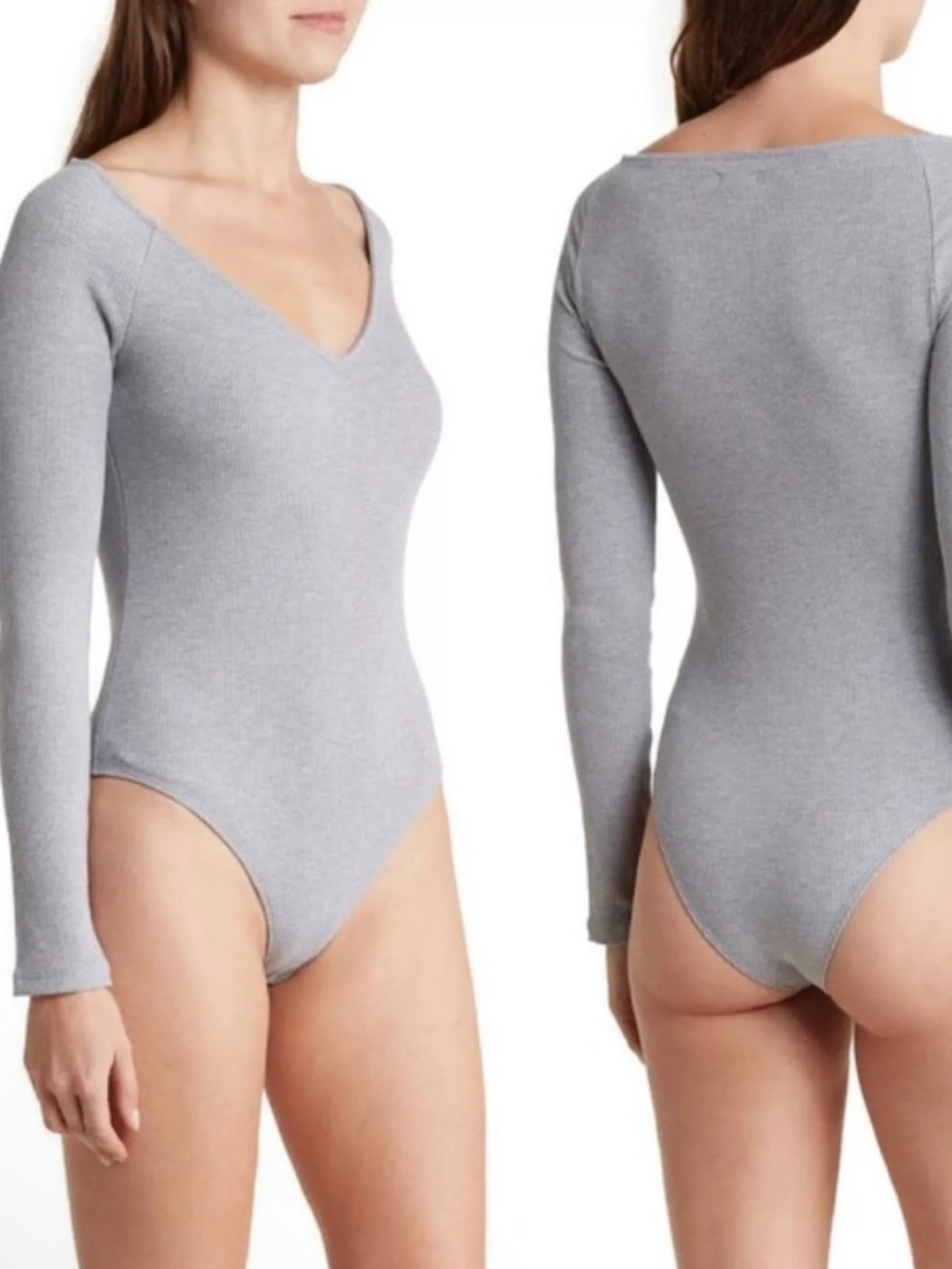 L’Agence Winona Ribbed Grey Gray Bodysuit Top V-Neck Fitted Basic Layer Size XS
